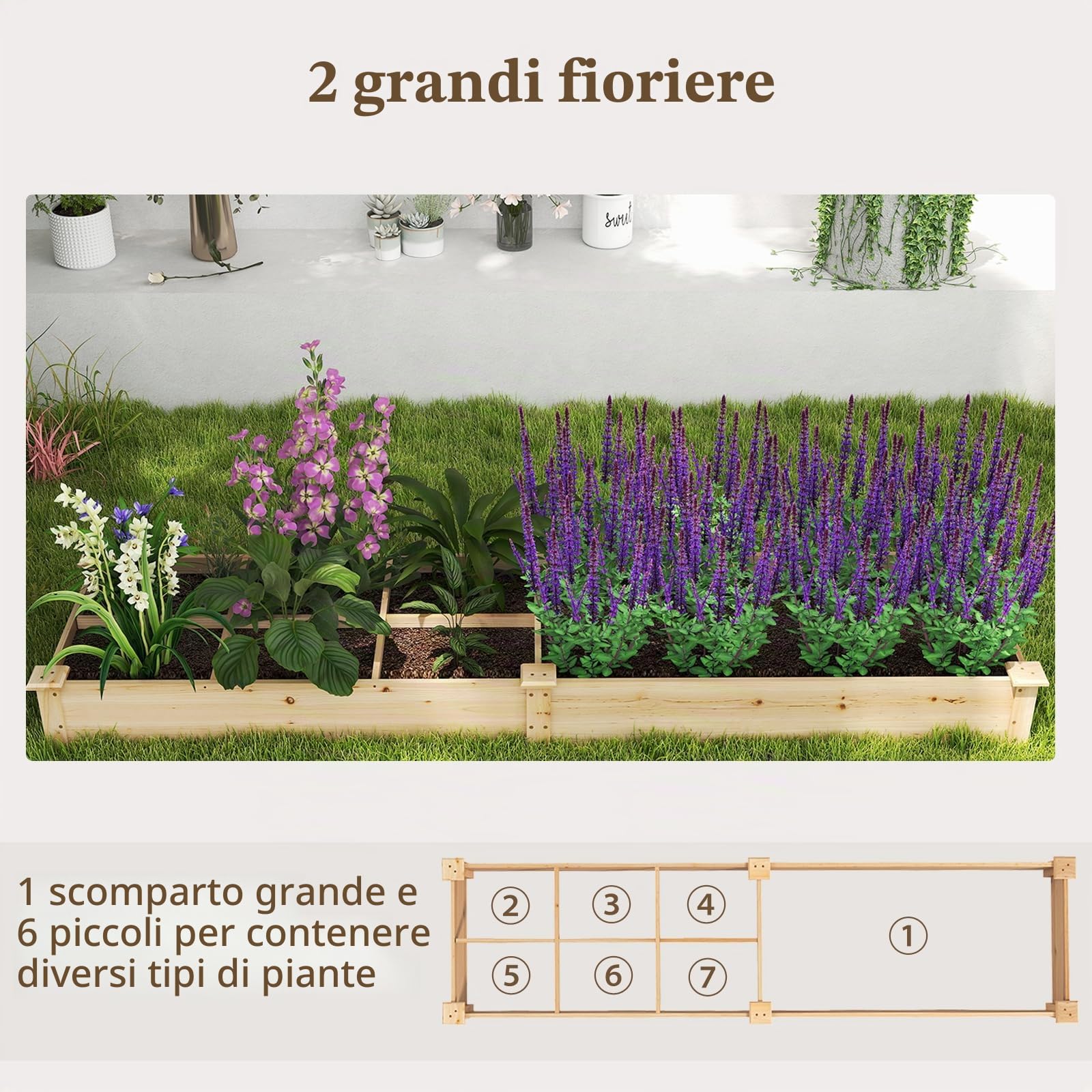 HOMASIS Orto Rialzato da Esterno in Legno, Fioriera con 2 Scomparti e Separatori per Fiori, Verdure, Frutta, Erbe, Letto da Giardino per Terrazza, Balcone, 228 x 62 x 25 cm (Naturale)