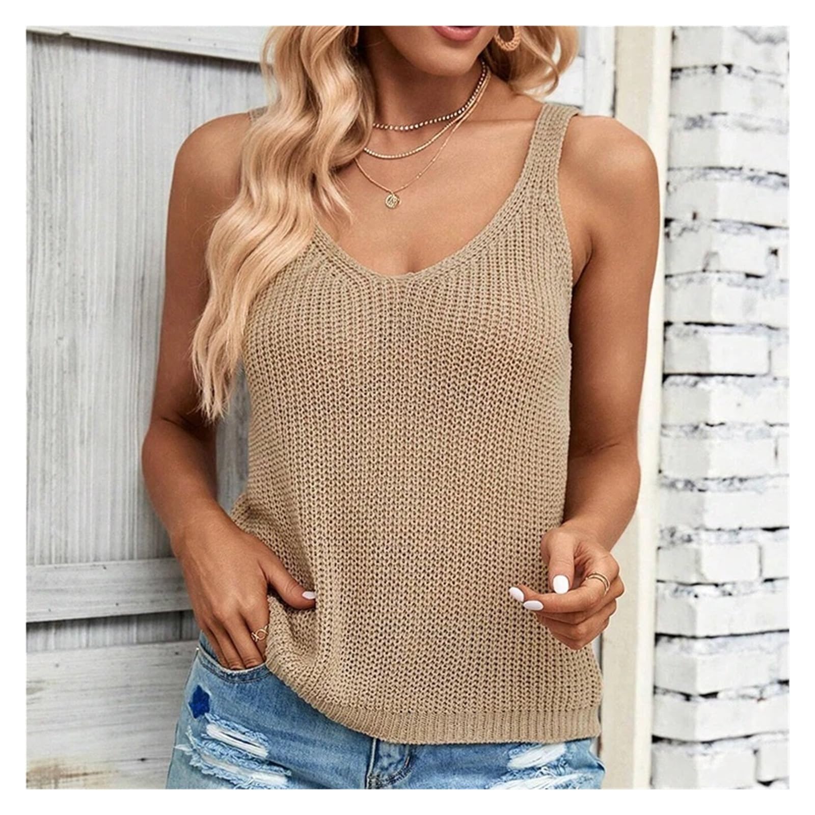 Top de vacaciones en la playa sin mangas con cuello V punto beige for mujer