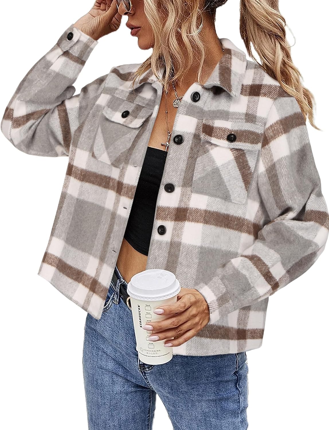 HOTOUCH Women Jackets Cropped Shacket Plaid Button Down Shirt Long Sleeve Flannel Coat Tops with Lapel Pocketes