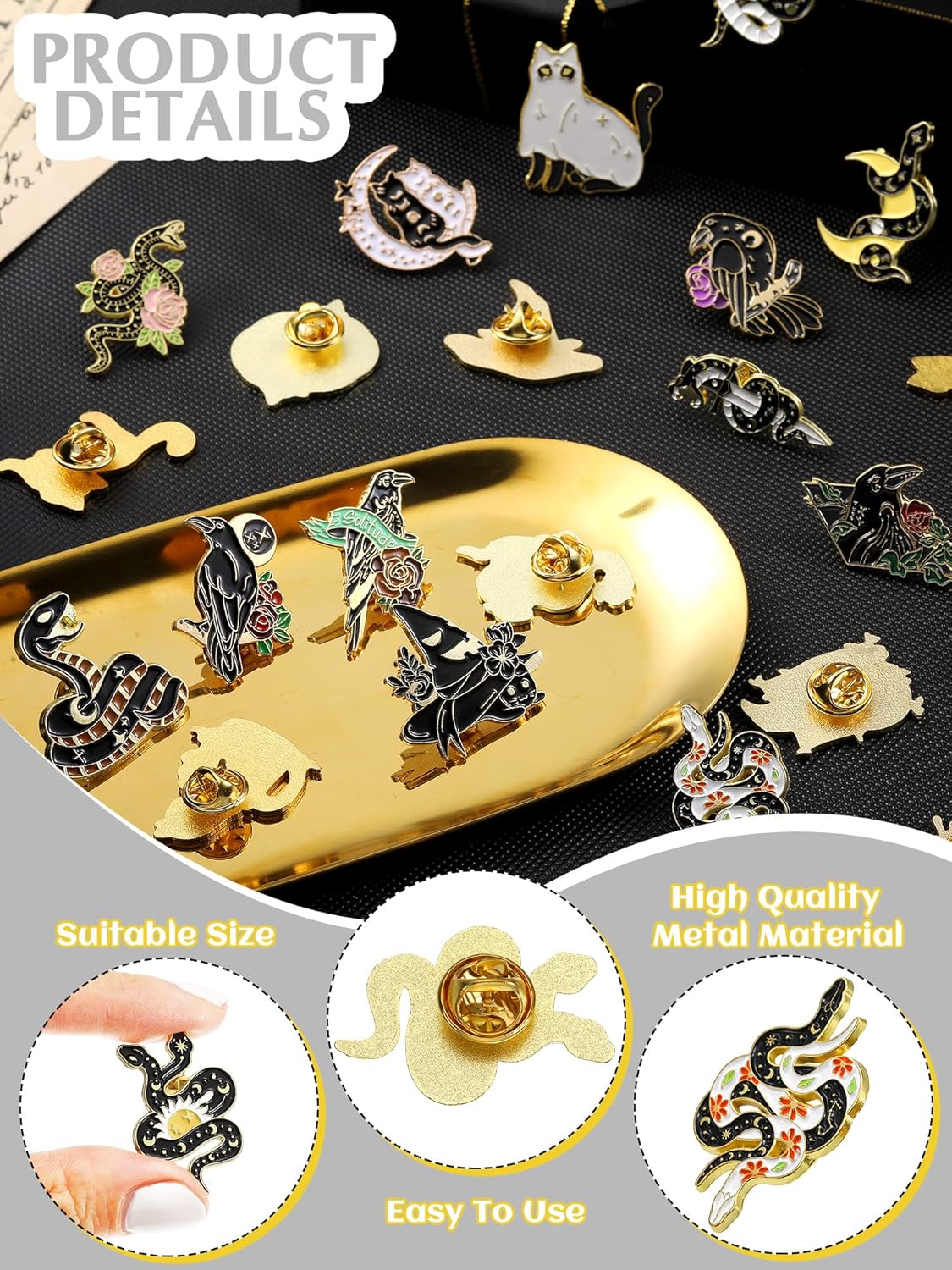 25 Pieces Black Gold Pins Set Backpack Brooches Gothic Pins Crow Snake Cat Button Badges Cool Horror Brooches Cute Aesthetic Badges for Clothing Bags Lapel Jackets DIY Decoration - Image 3