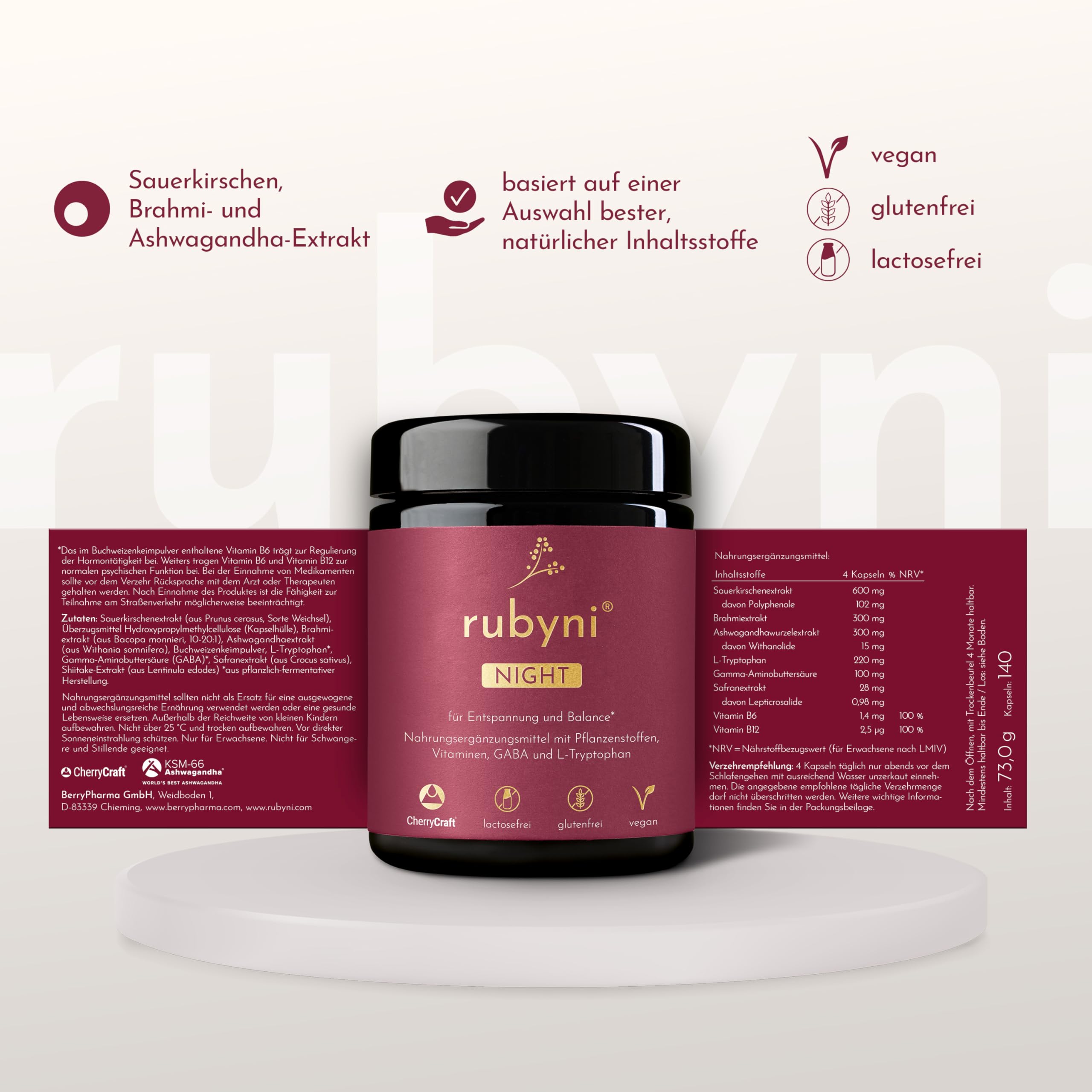 NIGHT für Entspannung & Balance - GABA + Ashwagandha - 140 Kapseln | Mit GABA, L-Tryptophan & Ashwagandha - Brahmi, Safran & Vitamin B6/B12 - Vegan