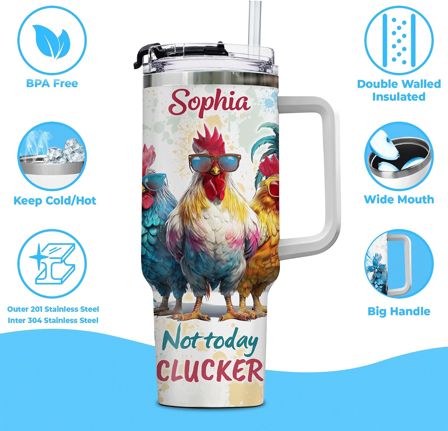 Hyturtle Personalized Funny Chicken 40oz Tumbler with Handle & Straw Gifts for Women, Mother's Day Birthday Gifts for Farmers Owners, Chicken Lover Gift, Custom Name Stainless Steel Travel Cup