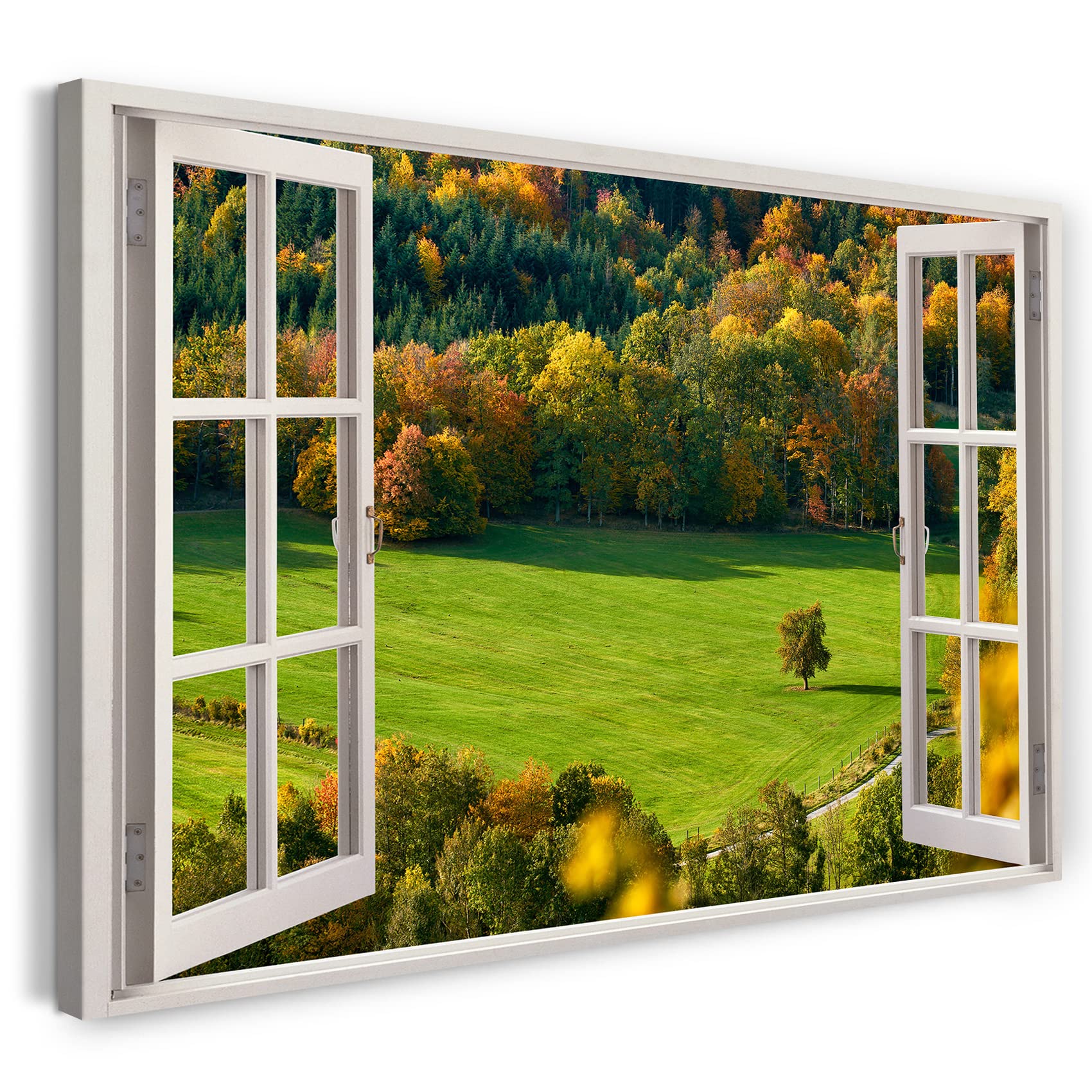 Printistico #04 Print On Canvas (100X70 Cm) View From The Window - Field Forest Trees Grass Landscape - Nature Photography, Real Wood Frame With Hook