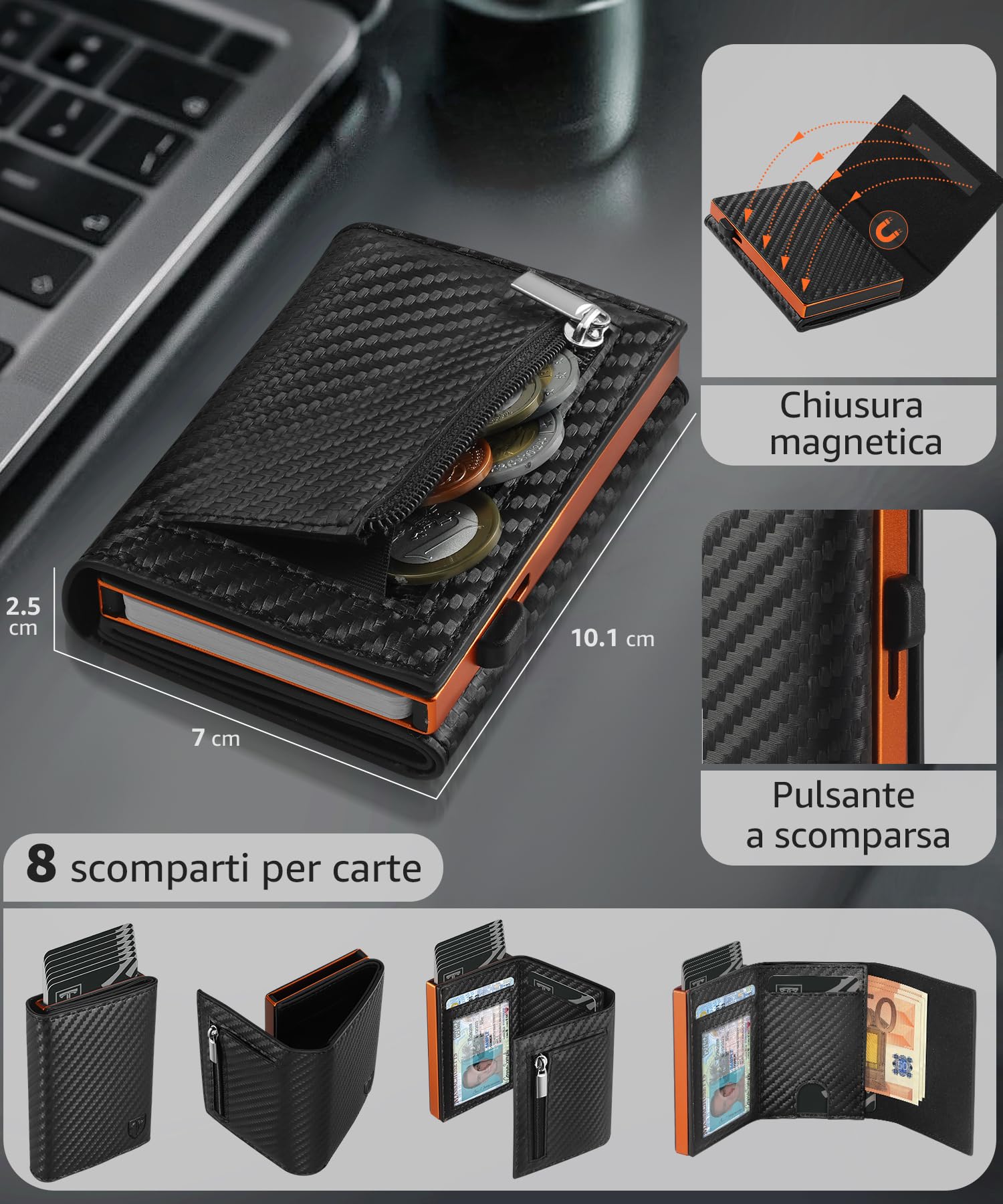 TEEHON Portafoglio Uomo Slim RFID Blocking, Magnetica Fibra di Carbonio Porta Carte di Credito Uomo - ID Window, Tasca Portamonete con Cerniera, Scomparto per Banconota (Classico, Nero Arancione)