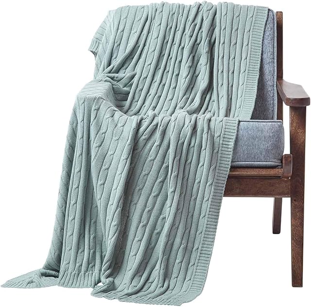 HOMESCAPES Large Duck Egg Blue Cable Knit Throw 150 x 200 cm Combed Cotton Soft and Cosy Blanket Bed and Sofa Throw For Small Sofas and Double Beds