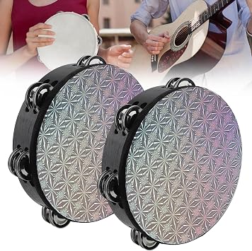 2Pcs 8 inch Wooden Tambourine Hand Held Drum Bells Handbell