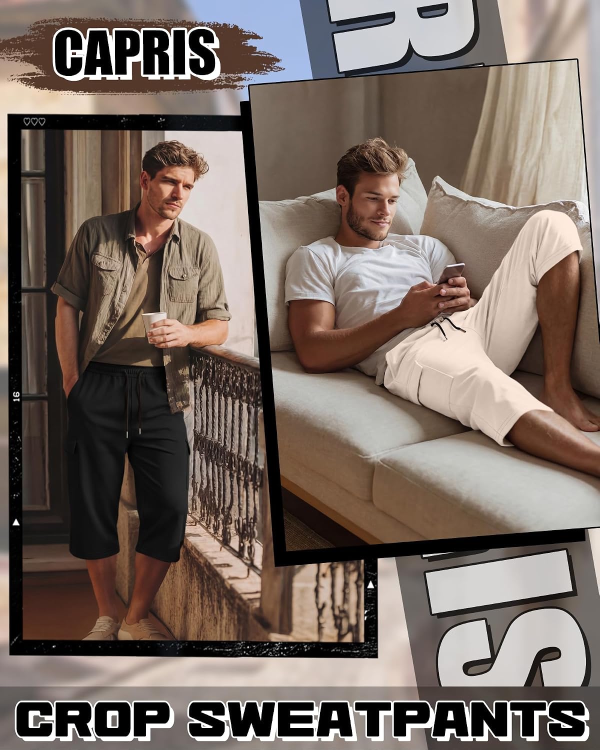 August Alley 4 Pack Men’s Capri Pants Cargo Baggy Wide Leg Below Knee 3/4 Long Shorts Drawstring Elastic Waist with Pockets