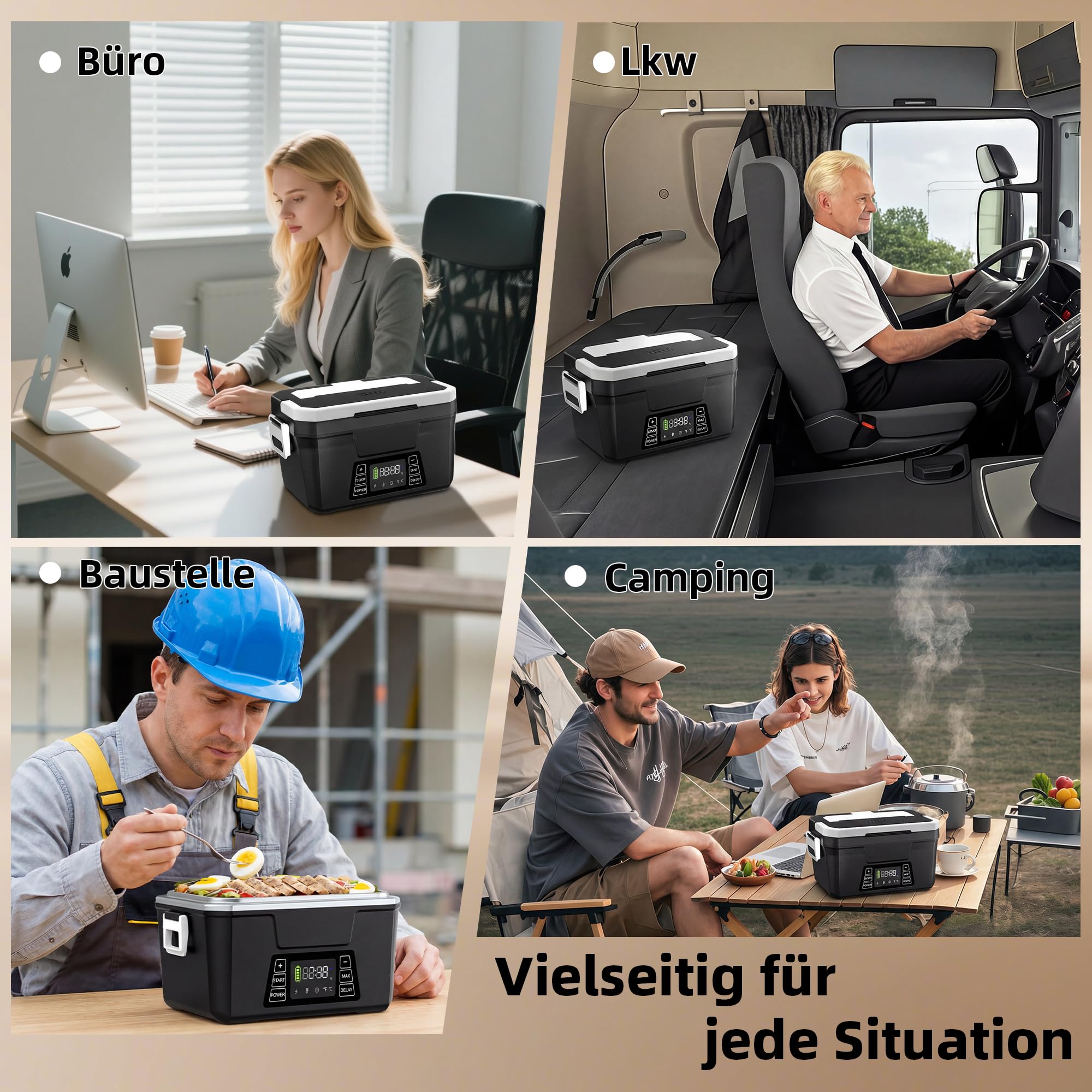 Vabaso Wiederaufladbare Kabellose Elektrische Lunchbox mit App-Steuerung, 10000mAh Batterie, 80W Schnellheizung & Warmhaltefunktion, Selbstaufwärmende Essensbox für Büro, Auto oder Outdoor