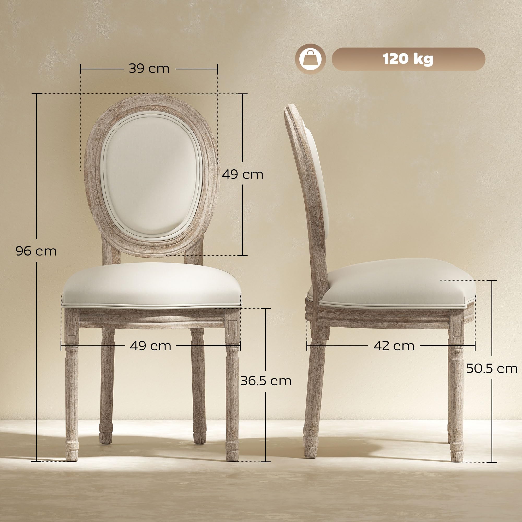 HOMCOM Set 2 Sedie Imbottite da Pranzo, Sedie per Soggiorno Stile Vintage Rétro in Legno e Tessuto Effetto Lino Bianco Panna 49x56x96cm