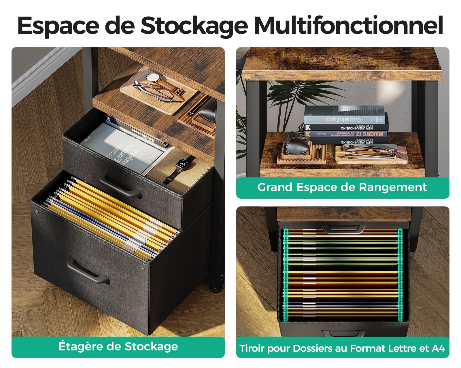 Coleshome Bureau d'angle avec Tiroirs en Tissu, 140x80cm Réversible Bureau en L avec Tiroir Classeur, Bureaux Ordinateur avec Port de Chargement USB et Prise de Courant, Bureaux à Domicile, Marron