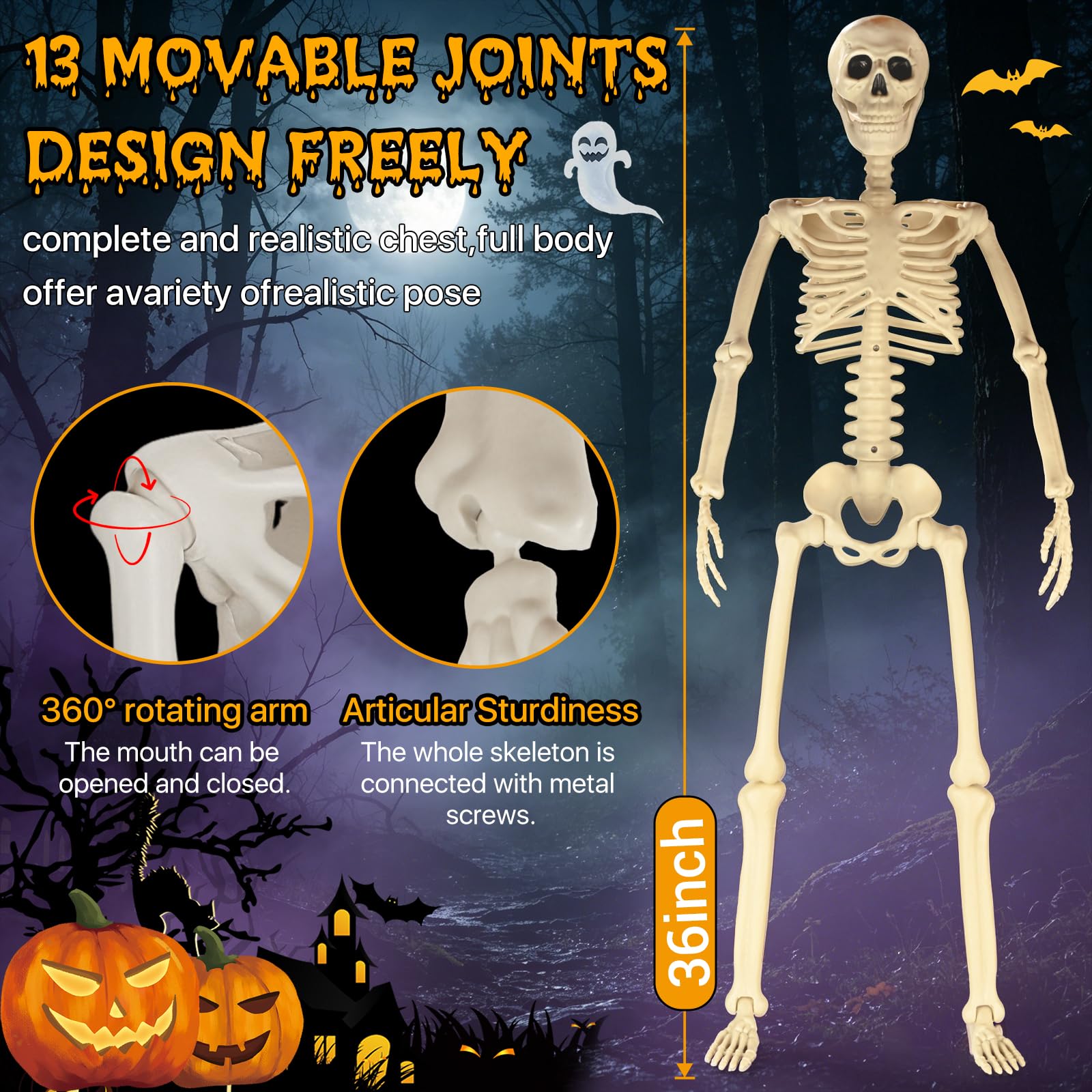 HBSTK 165 cm Pose-N-Stay Halloween scheletro a grandezza naturale Pose-N-Stay Jonint mobili mobili mobili con ragnatela elastica da 200 mq e 50 piccoli ragni finti per decorazioni di Halloween