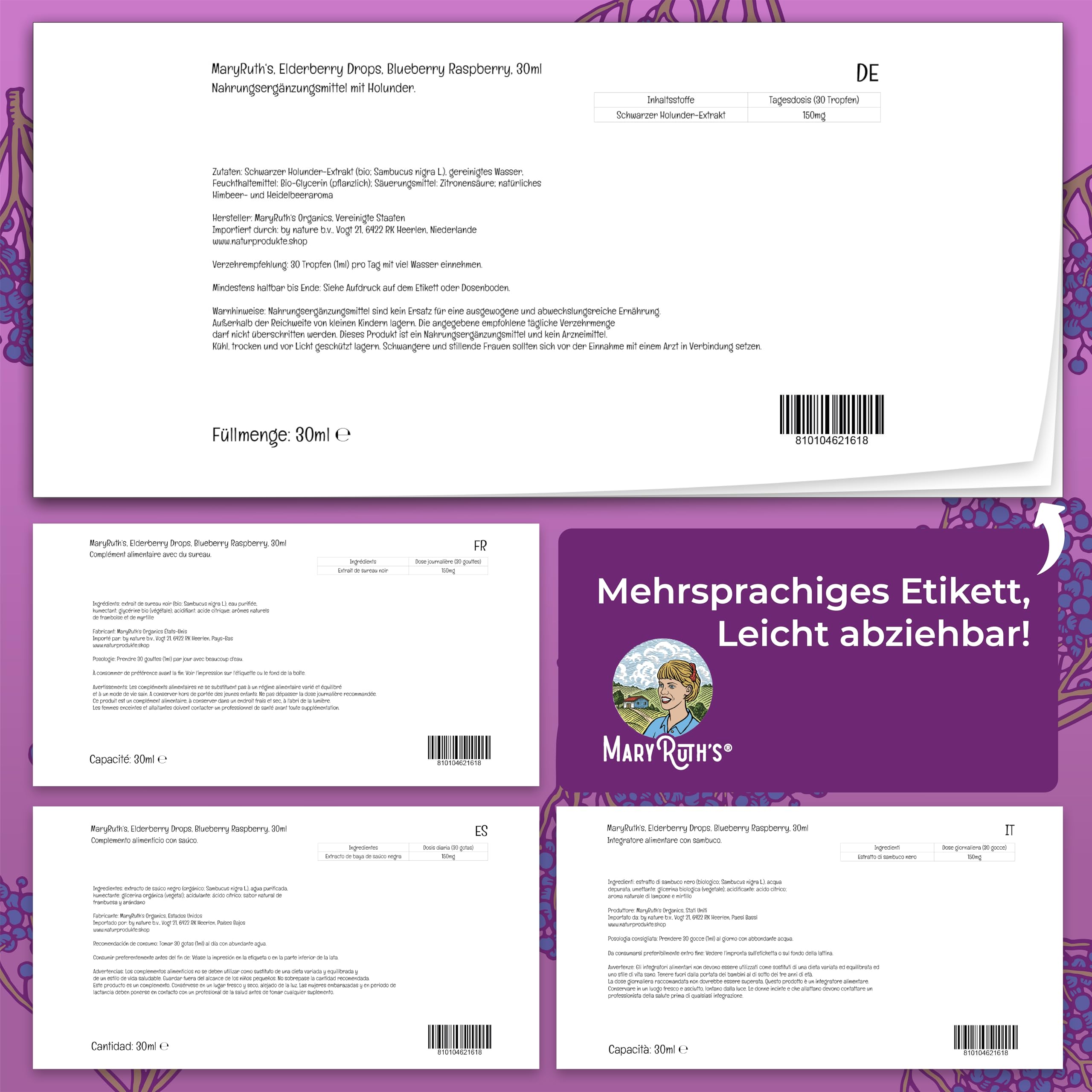 MaryRuth's, Elderberry Drops, 30ml, 150mg Holunder-Extrakt je Dosis, Holunder-Blaubeergeschmack, Vegan, Glutenfrei, Sojafrei, GMO frei