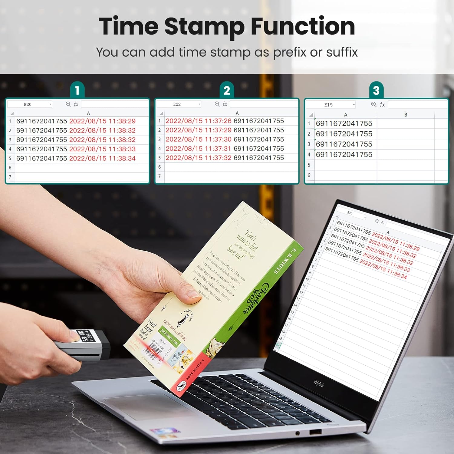 Image showing the barcode scanner scanning a book, with a laptop screen displaying barcode data with and without time stamps in a spreadsheet