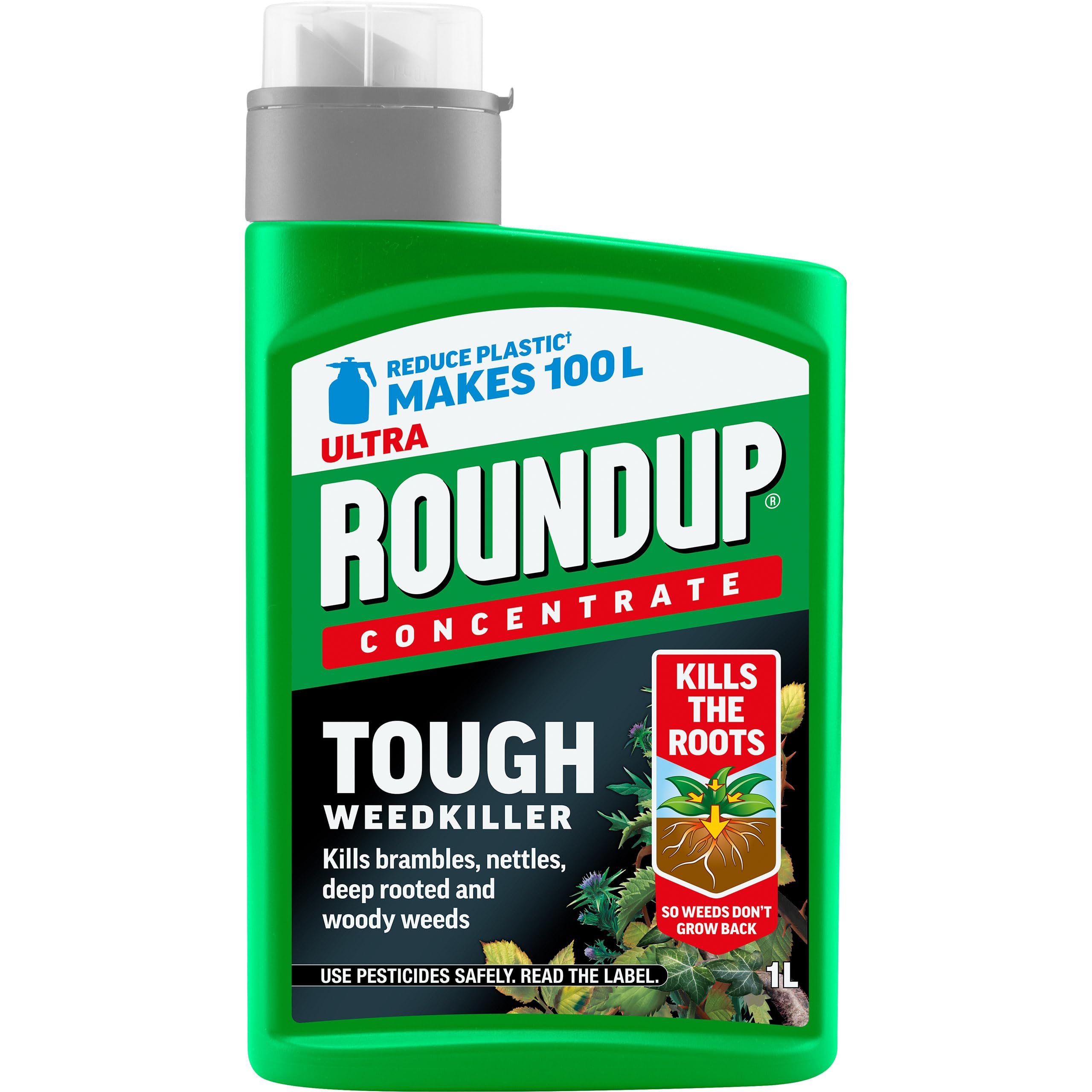 Roundup Tough Weedkiller Concentrate 1L – Powerful Concentrated Weed Killer for Tough Weeds, Makes up to 100L