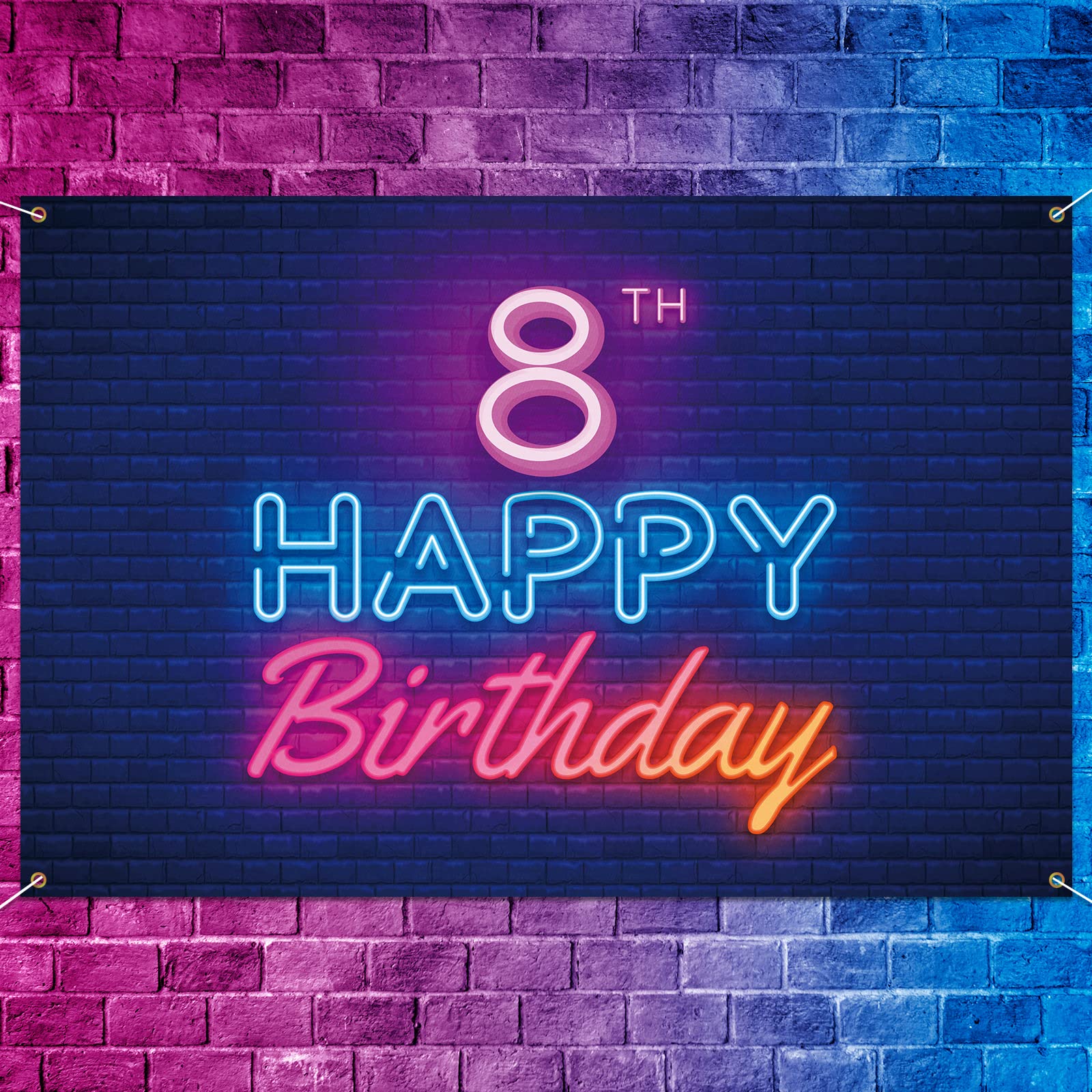 Glow Neon Happy 8th Birthday Backdrop Banner Decor Black – Colorful Glowing 8 Years Old Birthday Party Theme Decorations for Boys Girls Supplies