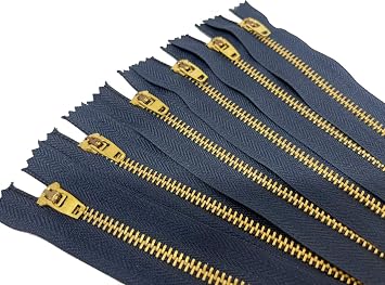 AMORNPHAN 6 pcs 5 Inch Metal Zippers Closed End #5 Navy Tape Golden Brass Teeth Spring Lock Slider Heavy Duty for Jeans Denim Pockets Clothes Crafts Sewing 5"