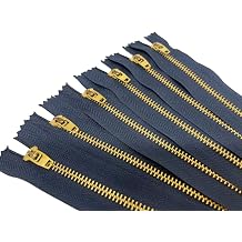 AMORNPHAN 6 pcs 7 Inch Metal Zippers Closed End #5 Navy Tape Golden Brass Teeth Spring Lock Slider Heavy Duty for Jeans Denim Pockets Clothes Crafts Sewing 7"