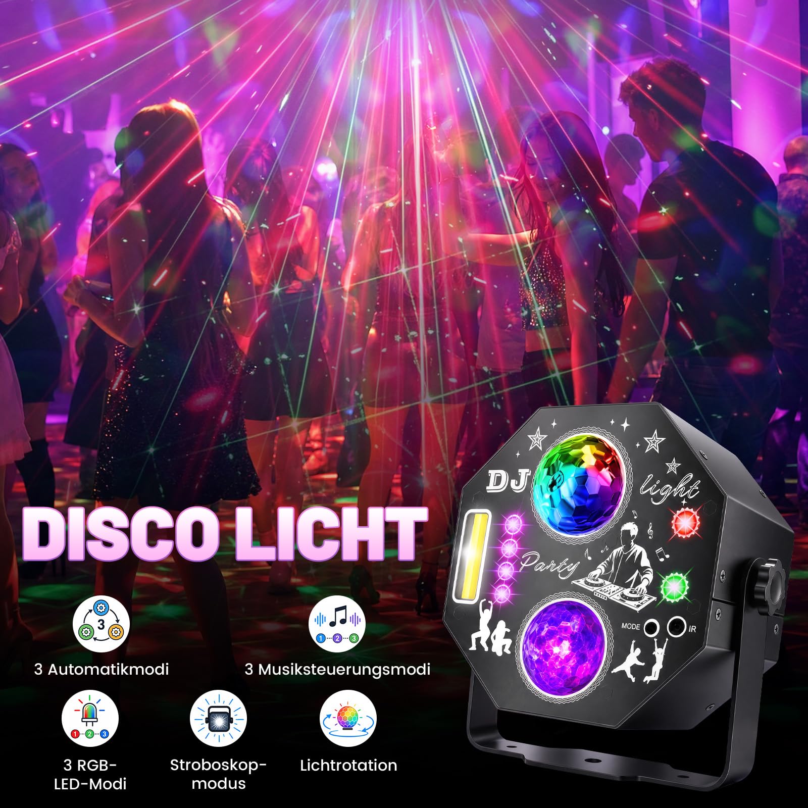 7-in-1 Discokugel, Discolicht Partylicht, 96 Muster & UV-Stroboskop