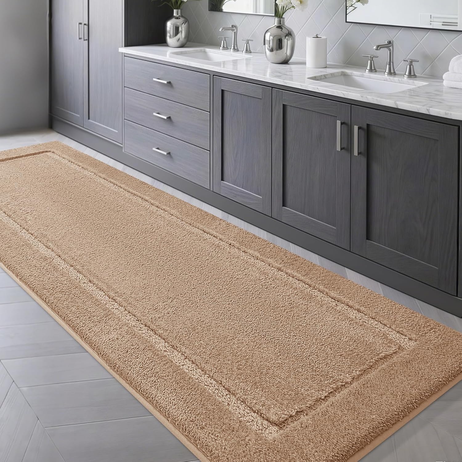 Bathroom Rugs 48"x20", Ultra Soft Thick Plush Fluffy Microfiber Absorbent Bath Mat, Non-Slip Backing, Machine Washable Bath Mats for Bathroom Floor, Tub and Shower, Home Decor Accessories, Camel