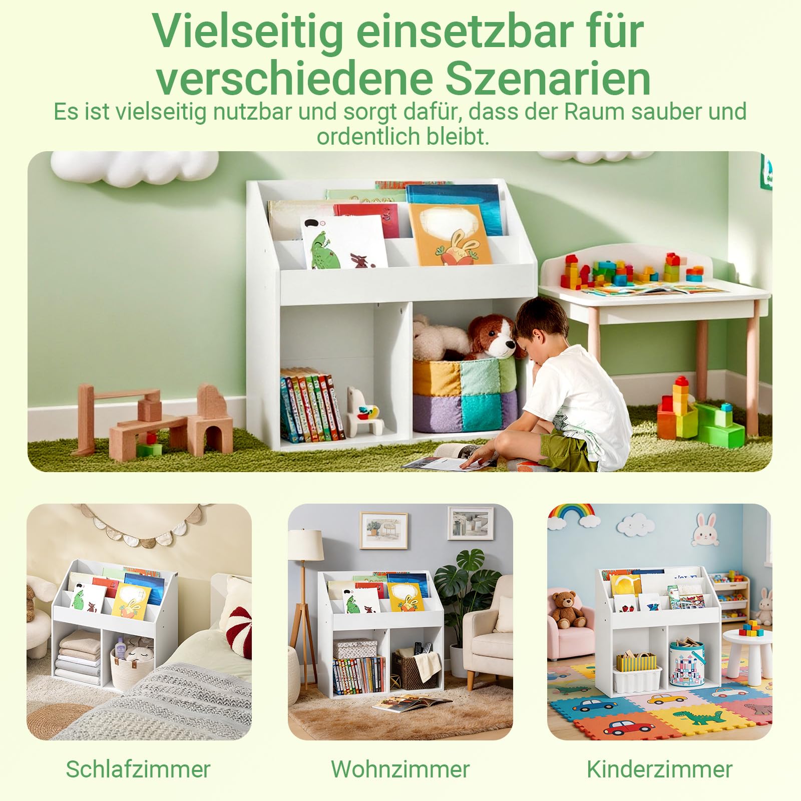 SoBuy Bücherregal Kinder Montessori mit 5 Fächern 68x68x30 cm Kinderzimmer | Kinderregal mit 3 Ablagefächern und 2 offenen Fächern, Bücherregal Kinderzimmer mit Spielzeug Aufbewahrung, Weiß, KMB01-II-W