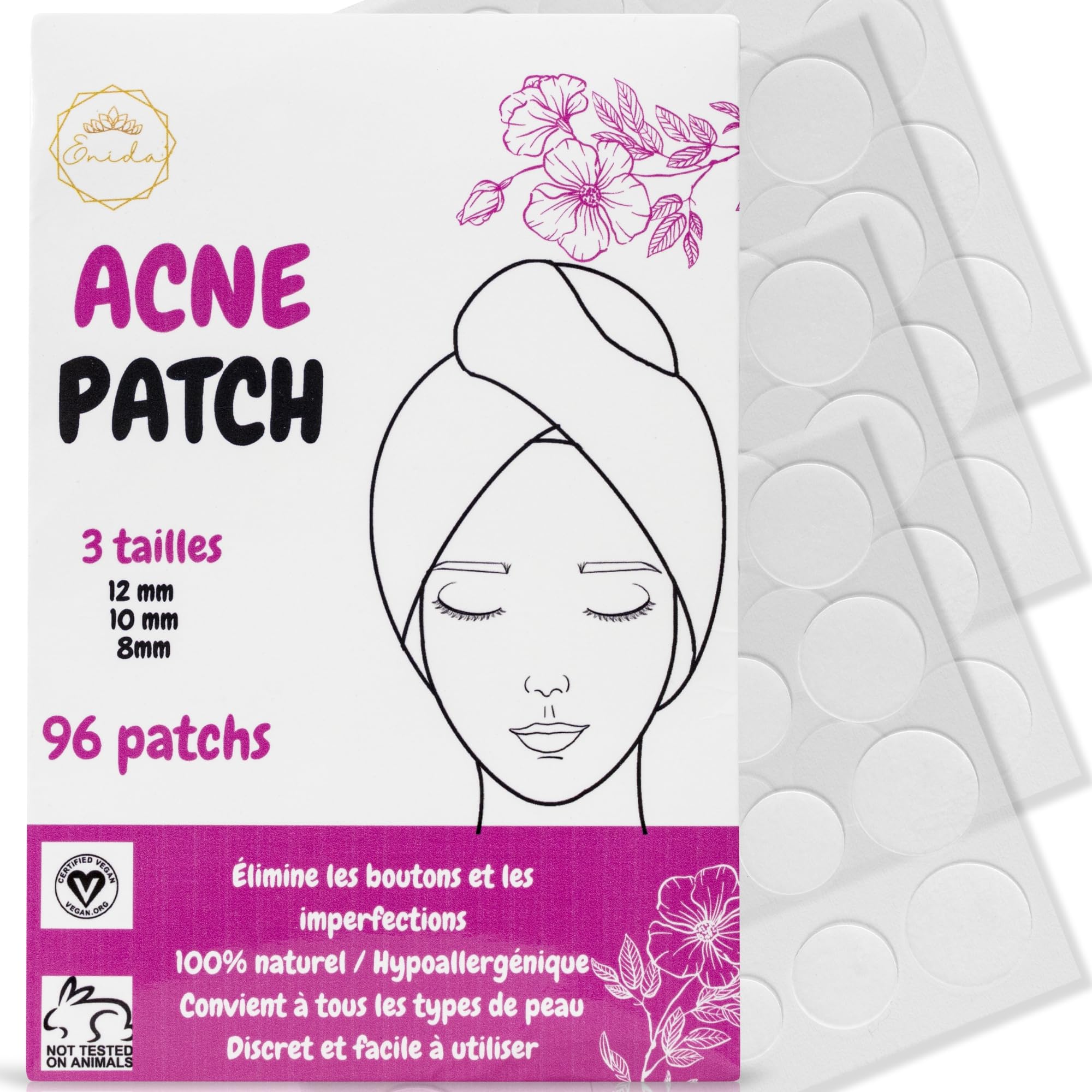 Enida - 96 parches antibotones invisibles | 3 tamaños | Acción dirigida en una noche | Parches hidrocoloides para acné | Cuidado facial discreto para adolescentes y adultos | Sin perfume + ebook de