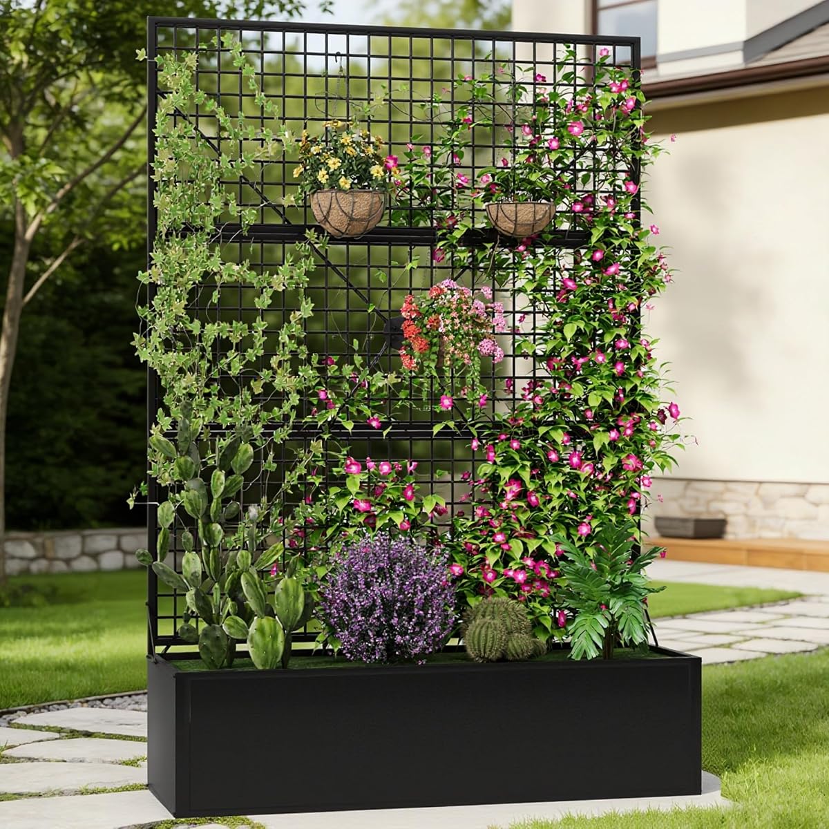 Privacy Planters for Patio – Metal Raised Garden Bed with Trellis and Privacy Screen, 71"×47.2"×16" Planter Box with Drainage Holes for Climbing Plants, Vegetables, and Vines, Outdoor Backyard Black