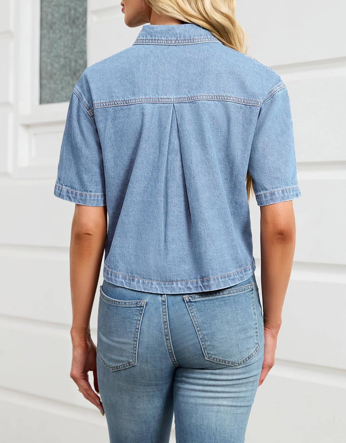 Kedera Womens Crop Denim Shirt Short Sleeve Button Down Short Jean Jacket Trendy Jean Tops Shackets - Image 4