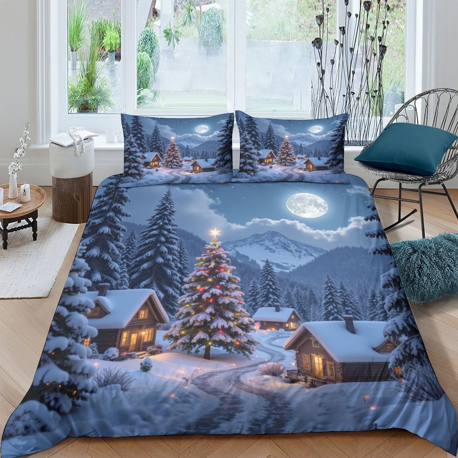 Ctjqhvkz Style-3 3D Printed Winter Christmas Village Fitted Sheet Microfiber Snowy Night Tree Bed Cover For Bedroom Guest Room Decor Single（135X200cm）