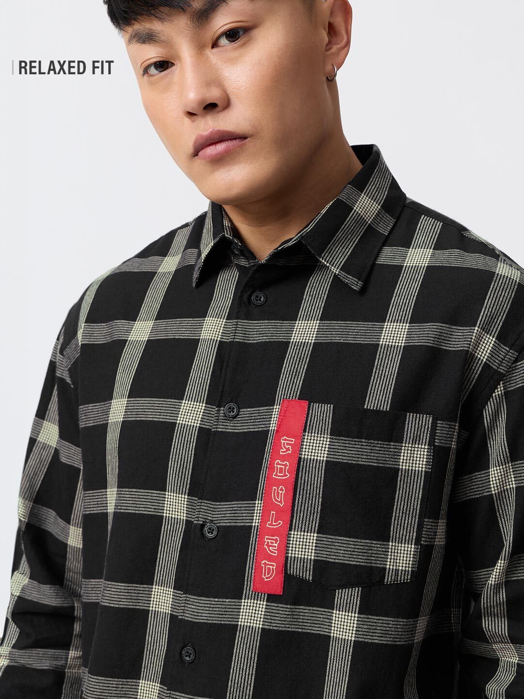 The Souled Store Camicia a quadri: Souled uomo e ragazzo a maniche lunghe colletto spalmato nero e beige a quadri leggera facile da acconciare tutti i giorni ufficio camicia in cotone rilassata