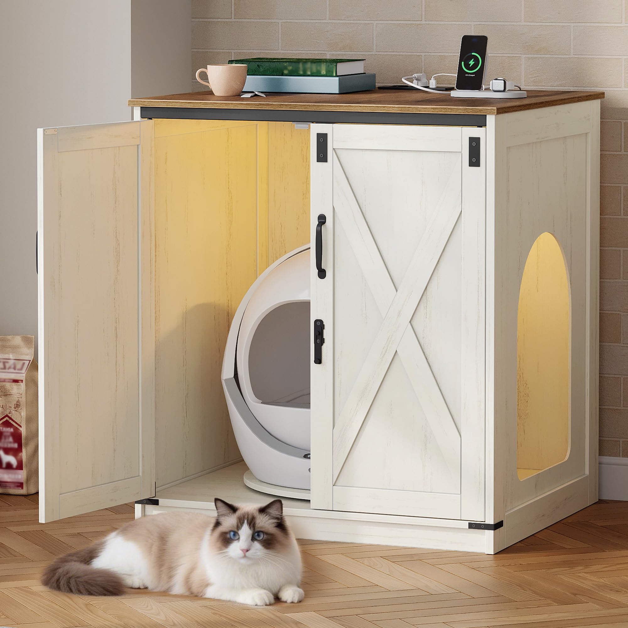 Hzuaneri Mueble Arenero Gato Grande, Caseta Madera Escondite Arenero para Arenero Autolimpiante con Plataforma Giratoria y Estación de Carga, con Cerradura, 82x70x90cm, Marrón Vintage y Blanco
