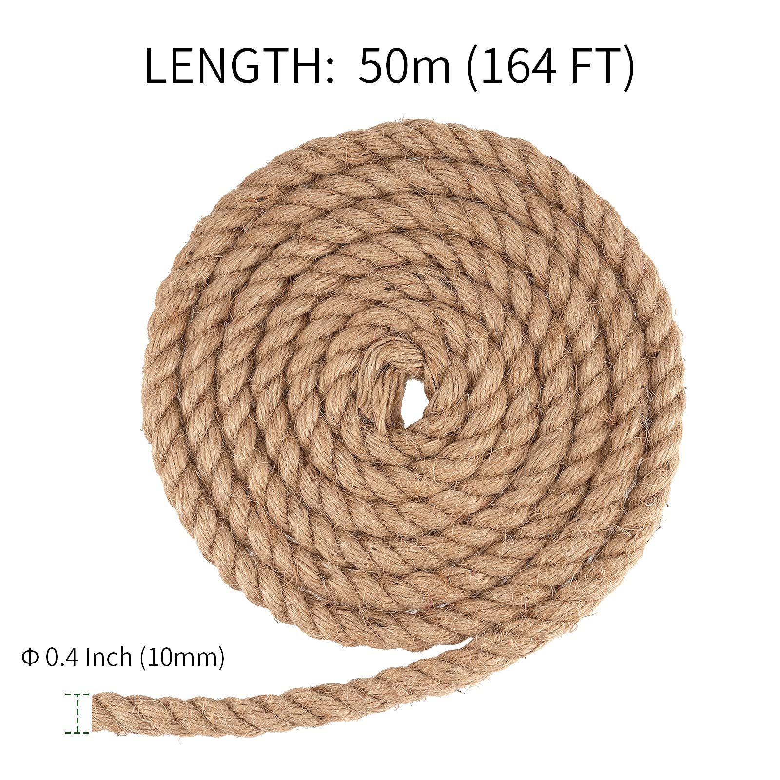 PINGEUI Corda di Iuta Naturale, 50 m x 10 mm, Corda di Canapa Intrecciata, per Giardino, Artigianato, Campeggio, Imballaggi e Decorazioni