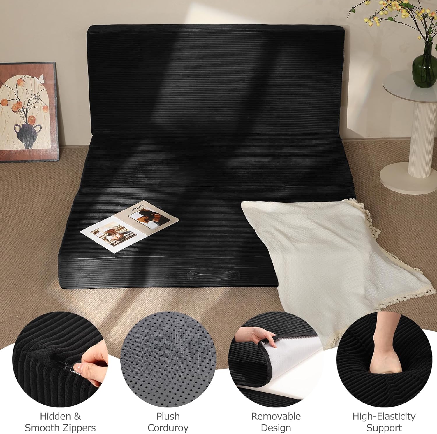 6-Inch Tri-Fold Mattress Twin Size - Foldable Futon Sofa Bed with Removable Washable Cover, Folding Memory Foam Futon Mattress | Non-Slip Bottom & Carry Handles for Guest, Camping, Dorm