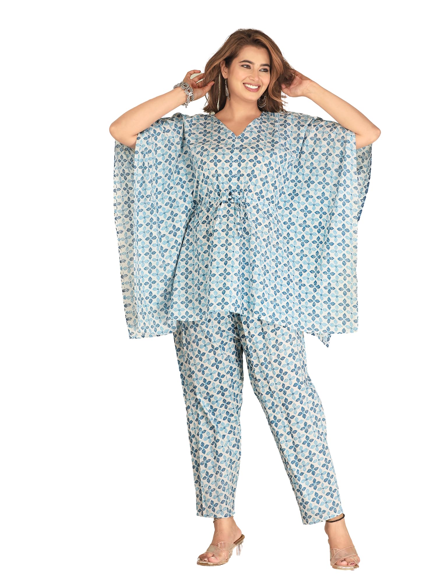 Blue Floral Printed Maternity Kaftan Top with Pants-image-26