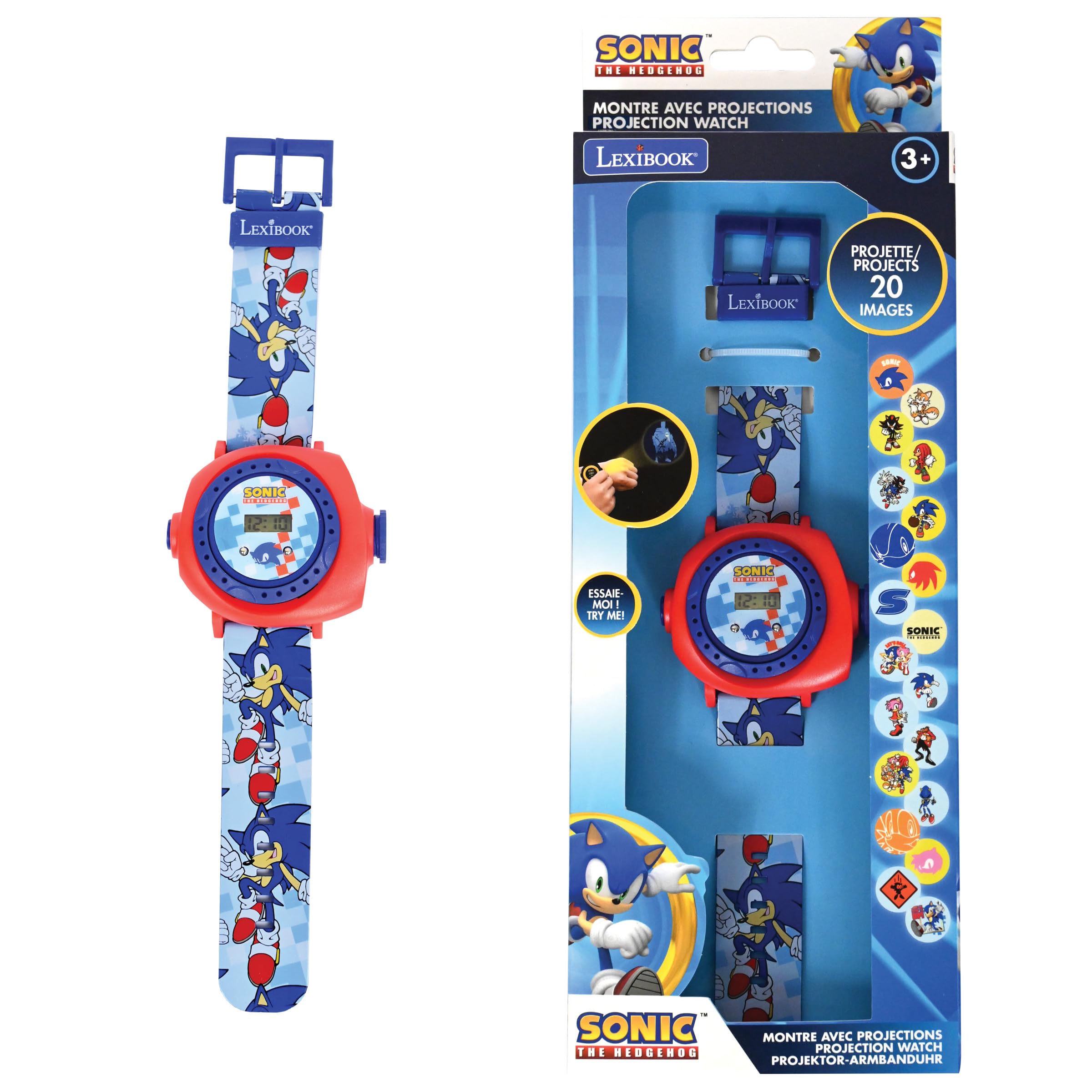 LEXIBOOK, Sonic The Hedgehog, Adjustable Projection Watch Digital Screen, Projects 20 Images of Sonic, for Children, Blue/red, DMW050SNLXB