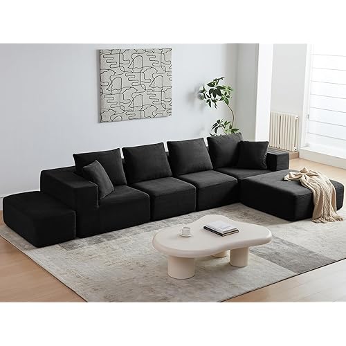 152'' Modular Sectional Sofa, Oversized Corduroy Cloud Couch, 6 Deep Seat Memory Foam Couch, Black Sofa with 6 Pillows, Boneless Couches for Living Room, Office, No Assembly Required