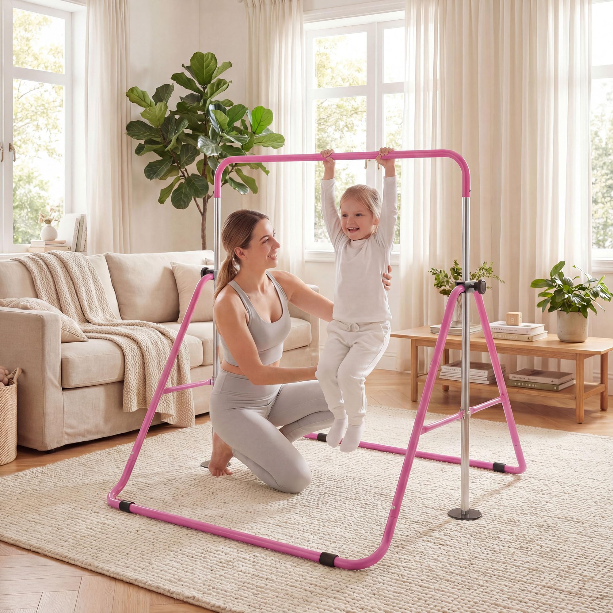 KOMFOTTEU Barra da ginnastica pieghevole per bambini, barra orizzontale con altezza regolabile in 5 livelli da 90 a 130 cm, carico di 70 kg, attrezzatura portatile per allenamento per interni esterni