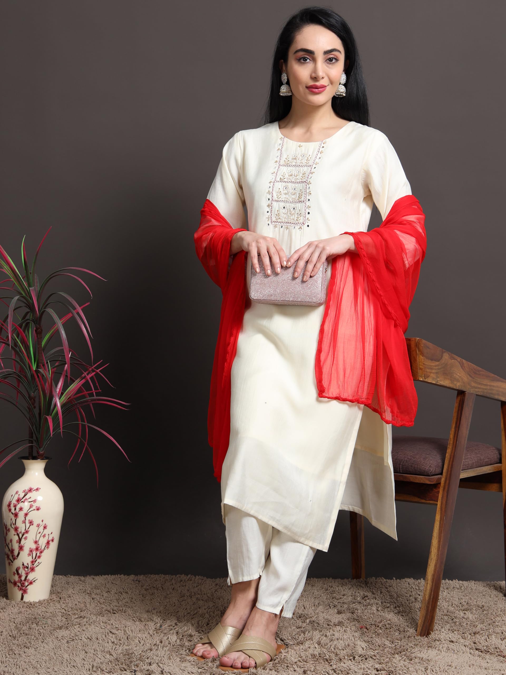 Miraan Solid Pure Chiffon Dupatta with Woven Border, 2.25 meters length (CHIFFDUPRED01_Red) - Image 6 thumbnail