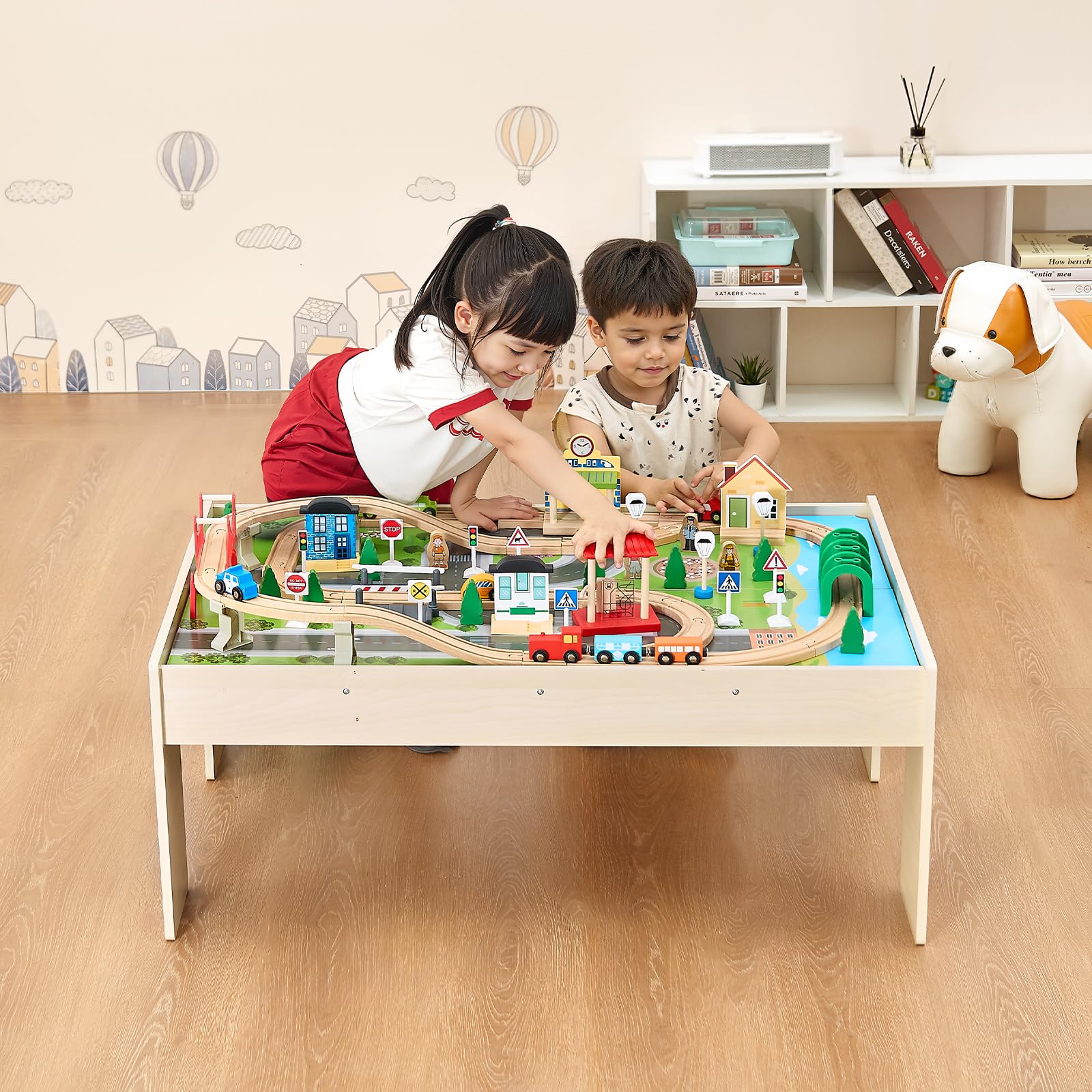 VEVOR Holz Aktivitätstisch, 84-teilig, mit zusammenklappbarem Aufbewahrungsbehälter, 3-in-1-Eisenbahnset zum Spielen, Malen, Lesen, Essen, kreatives Spielzeugset für Kinder ab 3 Jahren