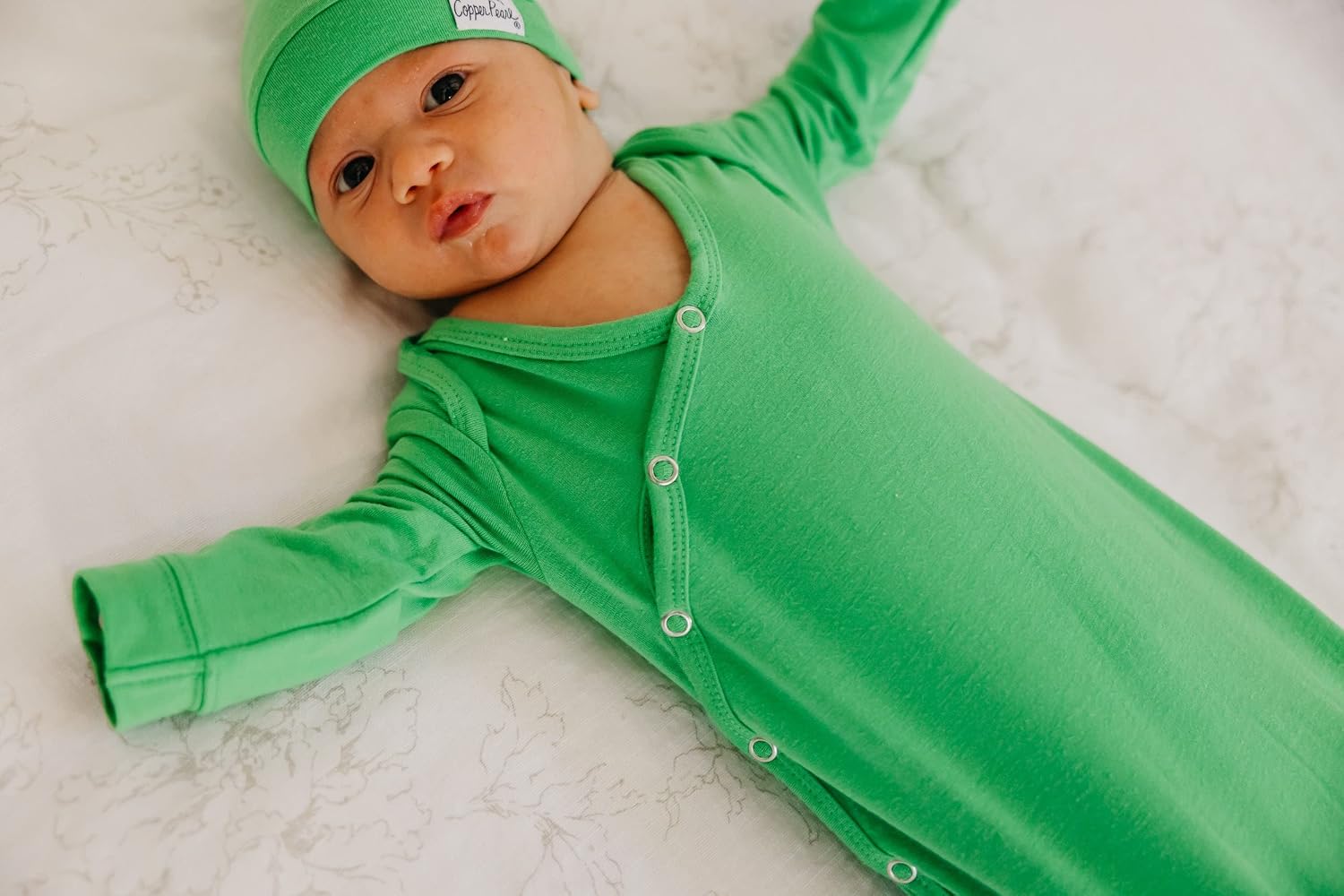 Copper Pearl Knotted Baby Gown, Soft Stretchy Newborn Gowns for Boys and Girls, Comfortable Coming Home Outfit, Long Sleeve Infant Gowns with Bottom Tie and Hand Mittens, Lime