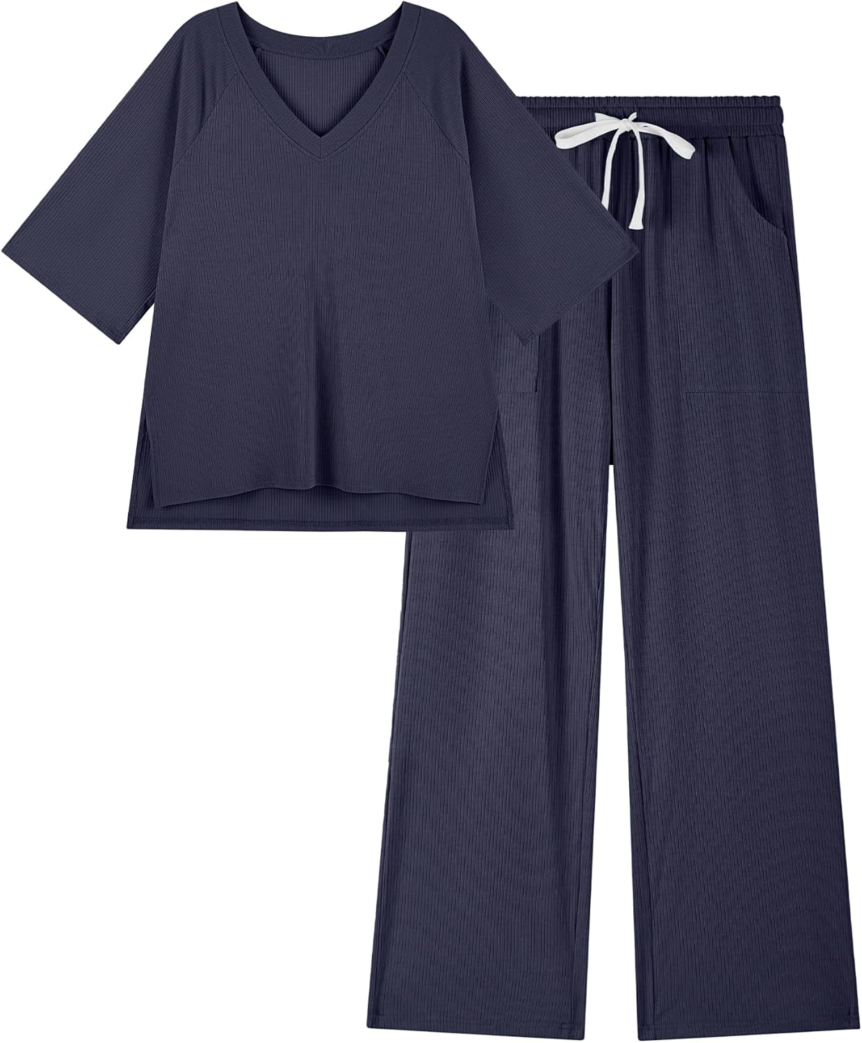 difficort Womens 2 Piece Outfits Raglan Short Sleeve Lounge Sets Wide Leg Sets Loungewear with Pockets