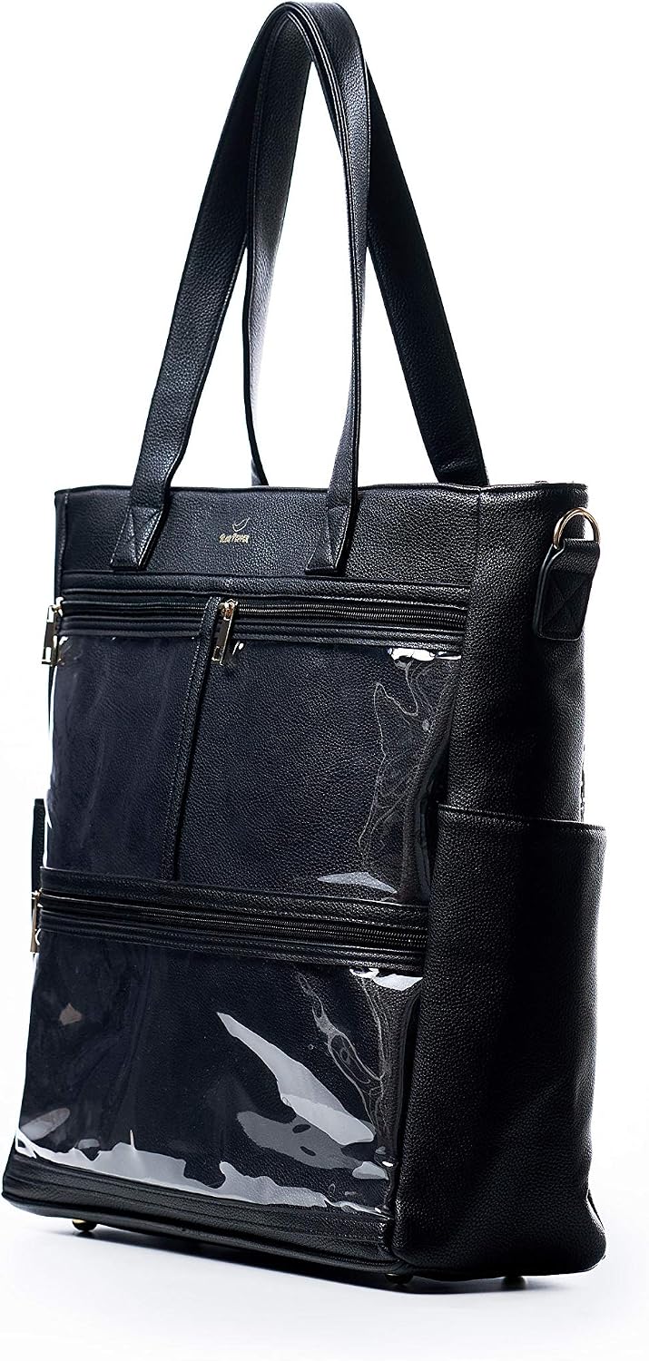 Black Colored Vegan Leather Tote Display Bag for Direct Sales Enamel Pins | Clear Pocket ITA Product Display Marketing Bags | Gift For Enamel Pin Color Nail Strips WOW Senegence Essential Oils Bling