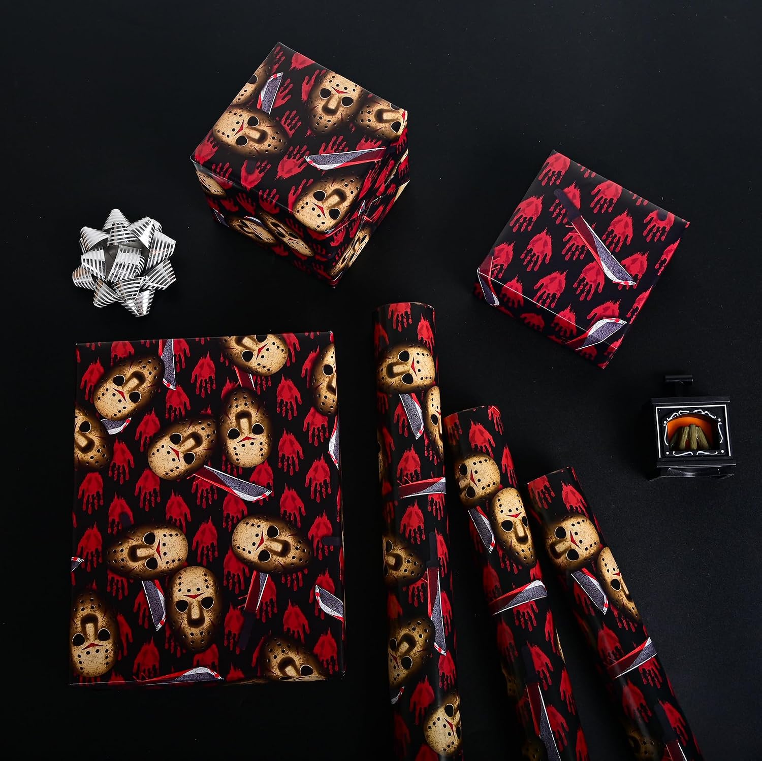 lopmou Horror Wrapping Paper Roll - Classic Jason Mask, Bloody Handprint Paw Gift Wrap for Holiday Horror Party Halloween DIY Art Crafts (Total 28.5 sq.ft)