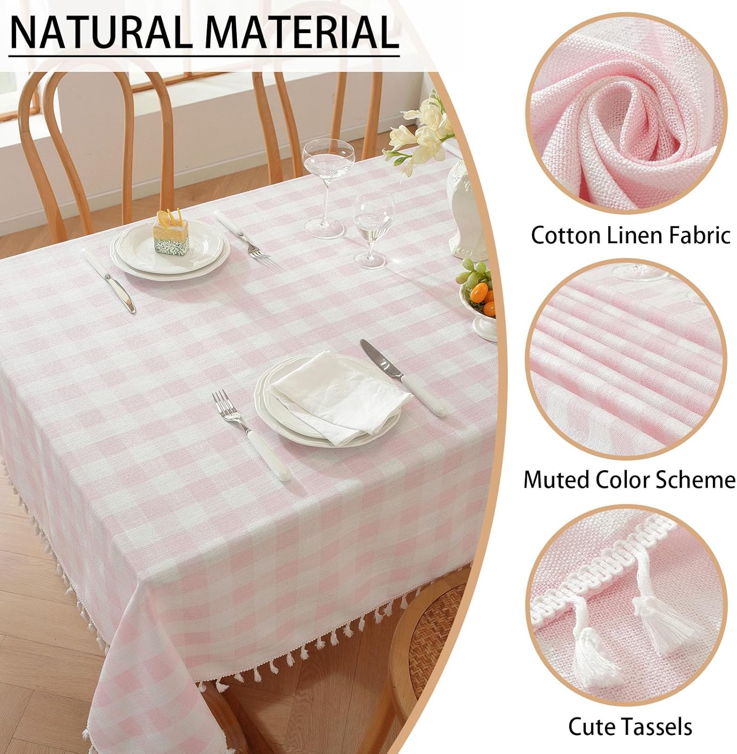 Gingham Tablecloth Rectangular, Tassels Checkered Table Cloth Washable Cotton Linen Plaid Table Cover for Spring Summer Kitchen Dining Party,Pink and White,55x120