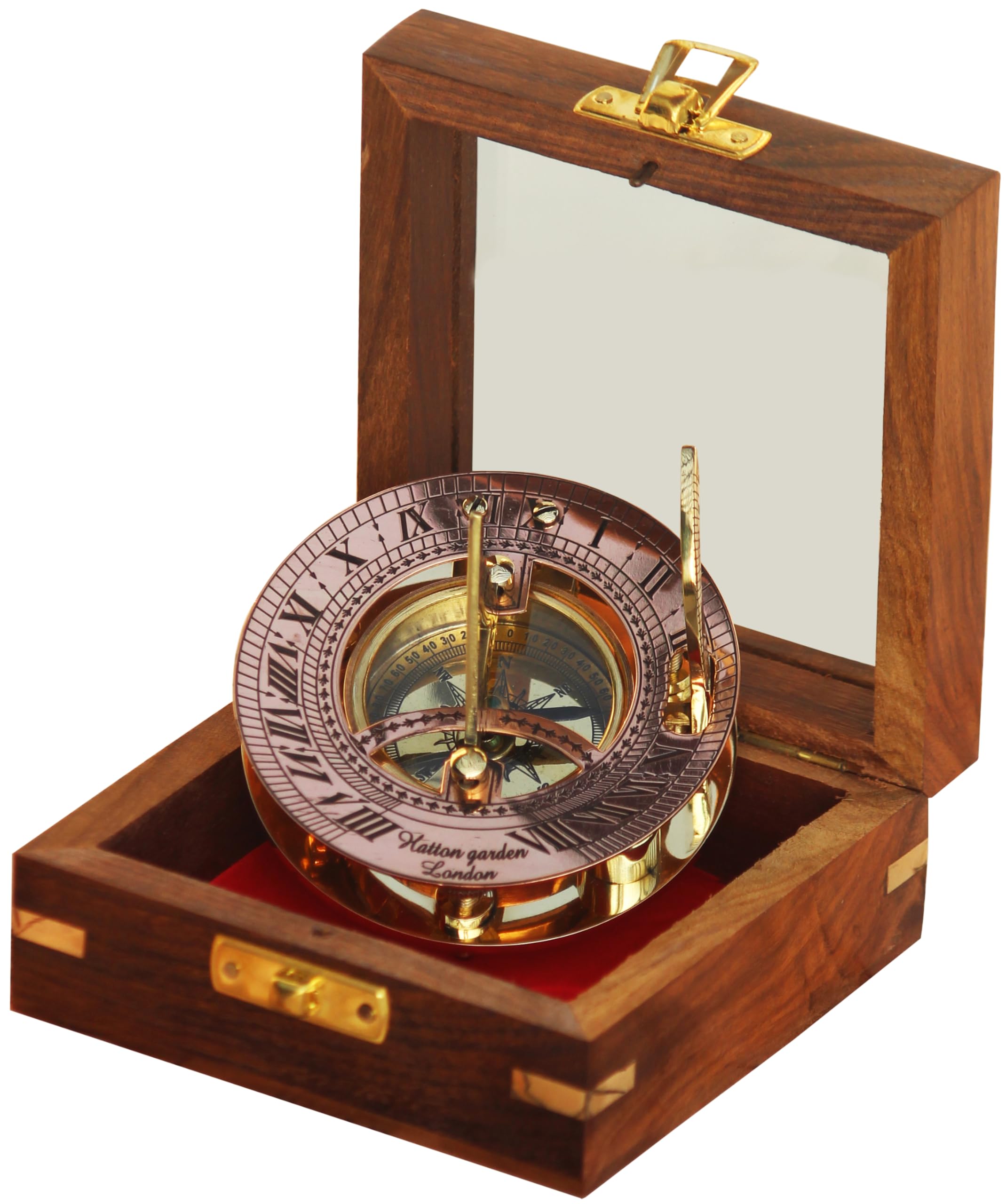 Antique Brass Handmade Sundial Compass Nautical Vintage Replica Sundial with Wooden Box.