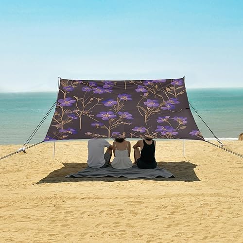 Miniatura 5 de Little Purple Flowers Beach Tent & Canopy UPF50+ Protection Lightweight Large Portable Sun Shelter with Sand Shovel, Sandbags for Camping, Picnics,