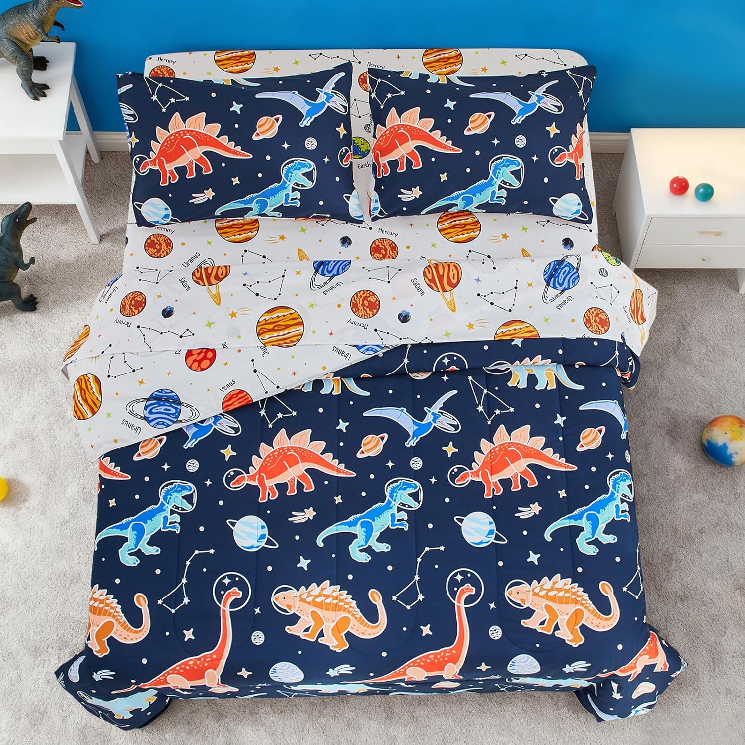 Btargot 5 Piece Kids Dinosaur Glow in The Dark Comforter Set, Navy Cartoon Animal Bedding Set for Boys Girls Bed in a Bag, Full