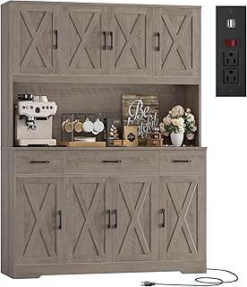 HOSTACK 71" Tall Kitchen Pantry Storage Cabinet with Charging Station, 55" Wide Kitchen Hutch Cabinet with Large Countertop, Farmhouse Food Pantry with Drawers for Living Room, Ash Grey