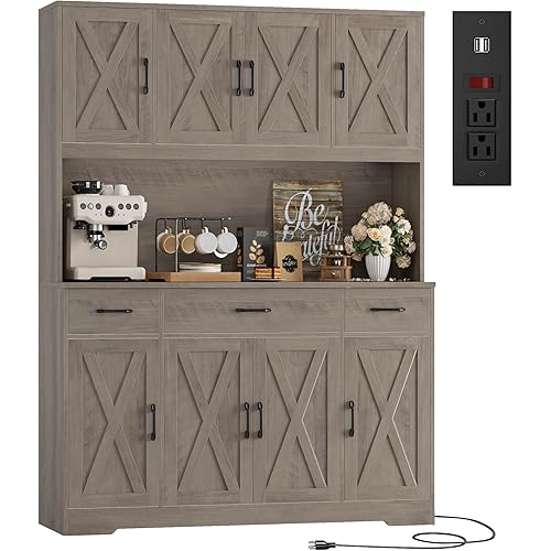 HOSTACK 71" Tall Kitchen Pantry Storage Cabinet with Charging Station, 55" Wide Kitchen Hutch Cabinet with Large Countertop, Farmhouse Food Pantry with Drawers for Living Room (Ash Grey)