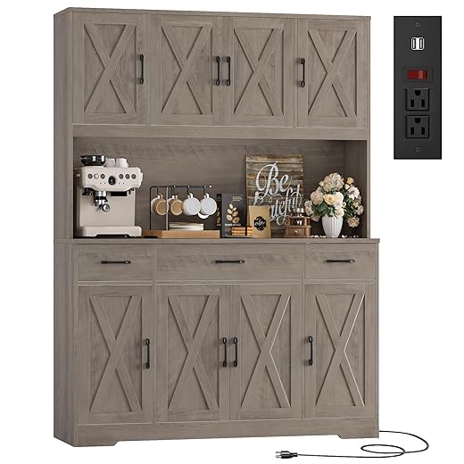 HOSTACK 71" Tall Pantry Cabinet with Charging Station, 55" Wide Kitchen Pantry Storage Cabinet with Countertop, Large Kitchen Hutch with Storage Drawers and Microwave Stand for Dining Room, Ash Grey