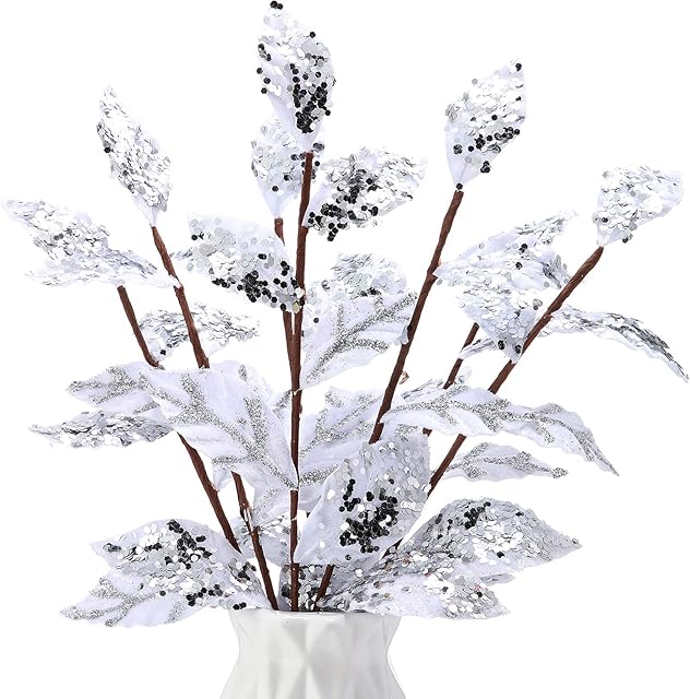 15 Pieces Christmas Artificial Glitter Leaf Decorations 13.4 Inches Christmas Picks Spray Poinsettia Floral Leaf Accessories Winter Wedding Vase Fillers Christmas Wreath DIY Crafts Decor (White)